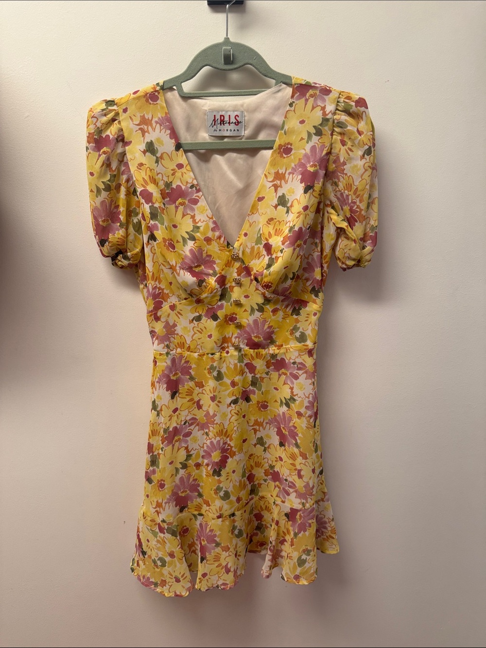 Morgan de Toi Yellow Floral V-Neck Mini Dress with Pink Blooms